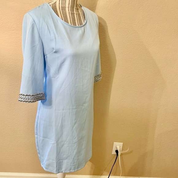 Lulu’s Dress Medium Mini Pale Blue Short Sleeve Silver Embellishments Crystals - Picture 4 of 16
